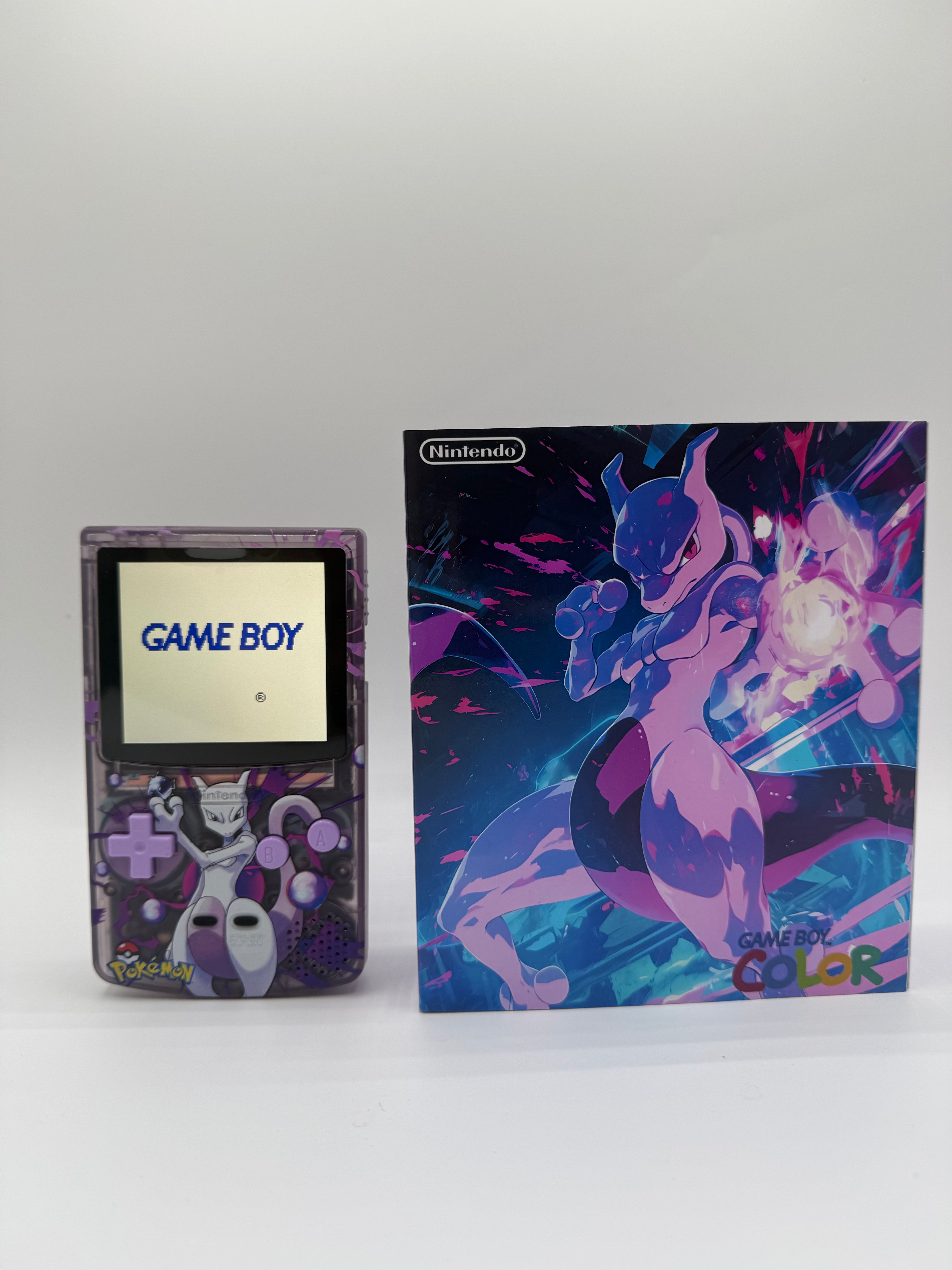 Mewtwo Gameboy Color w/ Matching Box USB C Rechargeable & IPS Screen