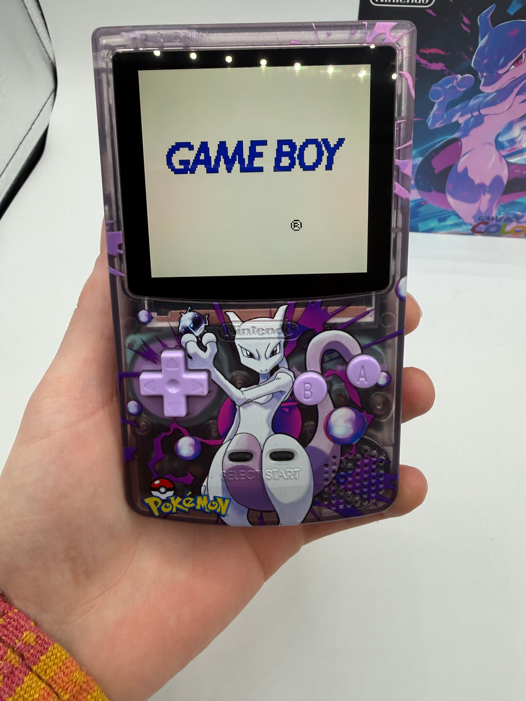 Mewtwo Gameboy Color w/ Matching Box USB C Rechargeable & IPS Screen