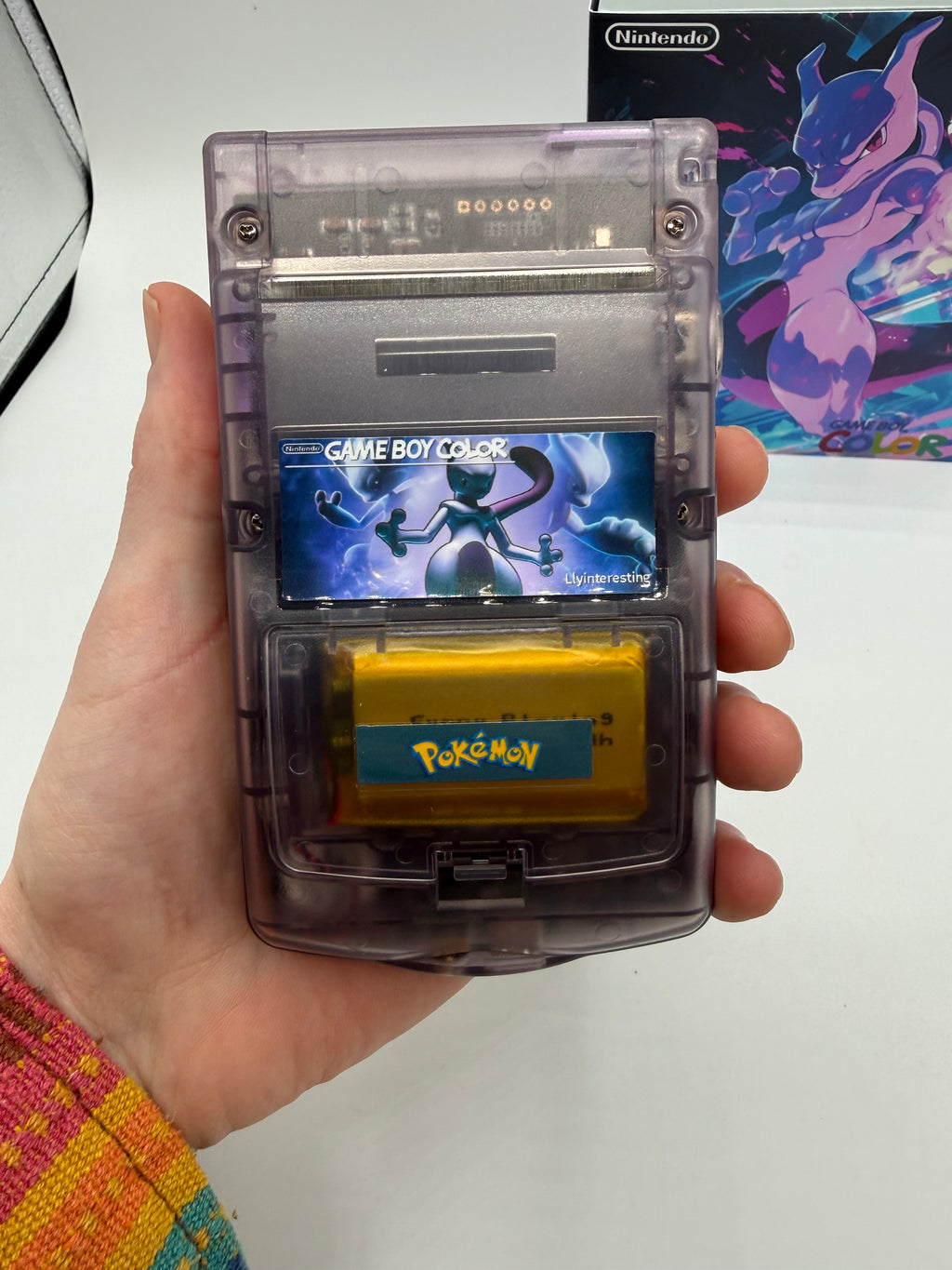 Mewtwo Gameboy Color w/ Matching Box USB C Rechargeable & IPS Screen