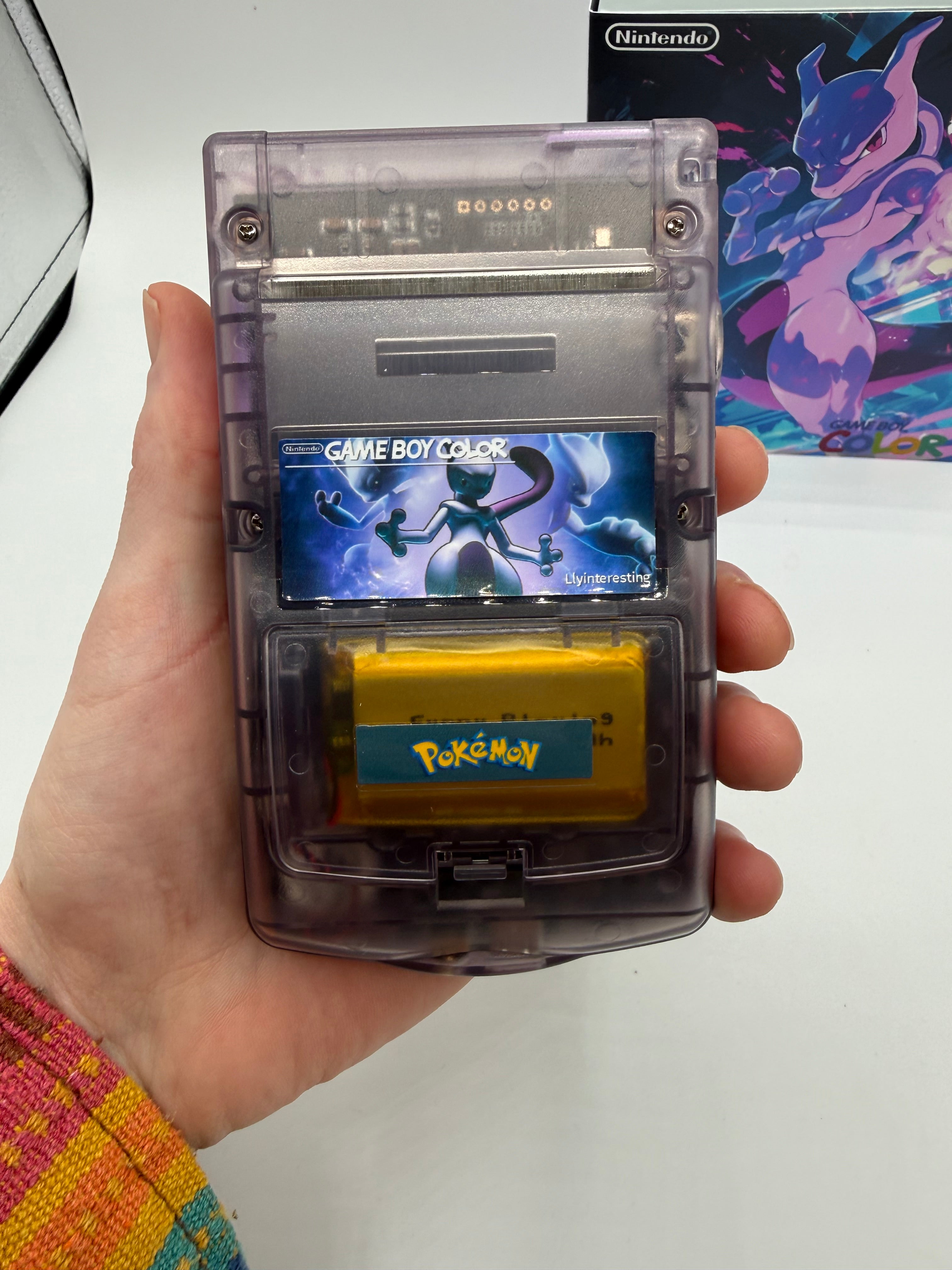 Mewtwo Gameboy Color w/ Matching Box USB C Rechargeable & IPS Screen